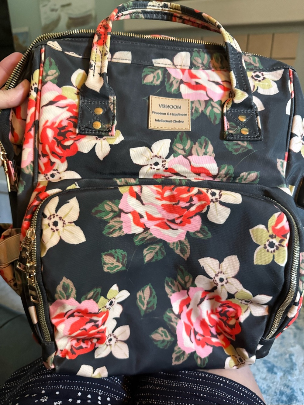 Floral Nylon Backpack in Navy with Pink & Red Roses